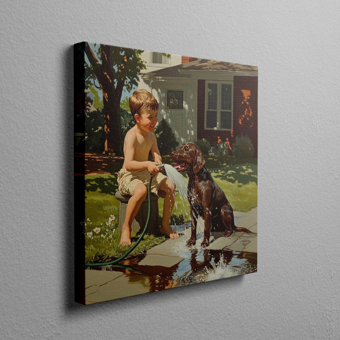 Laughing Boy Spraying Chocolate Lab With Garden Hose Summer Poster - Image 2