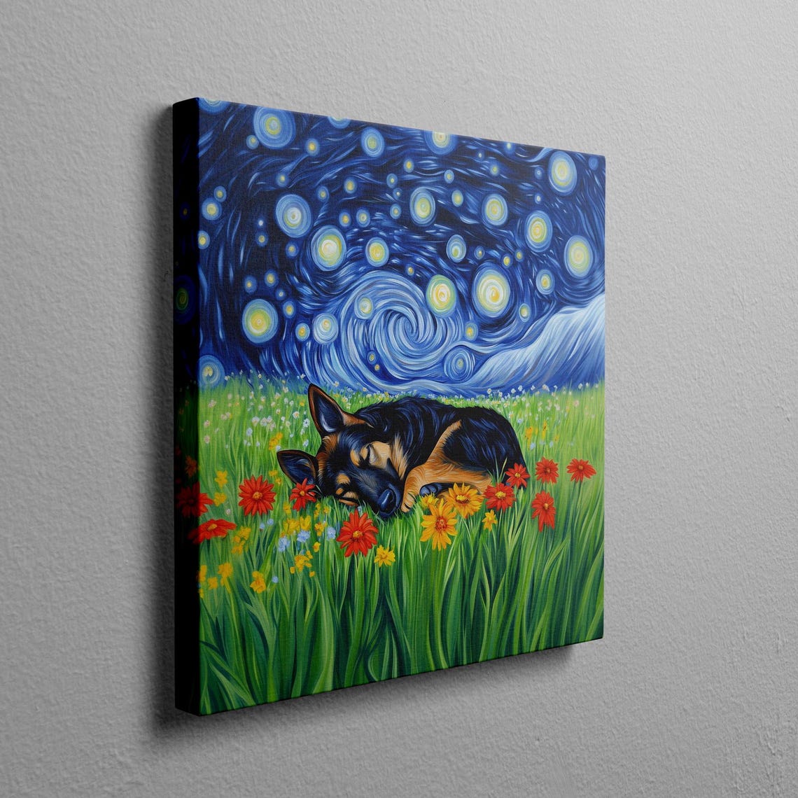German Shepherd Sleeping in Starry Night Flower Field Wall Art - Image 2