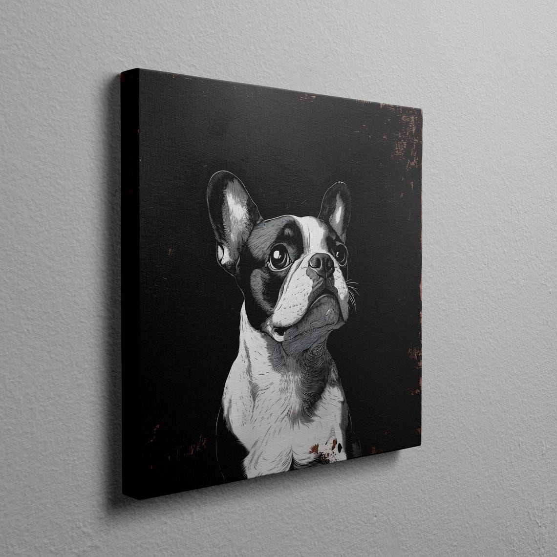 Boston Terrier Sketch Portrait Black and White Rustic Poster - Image 2