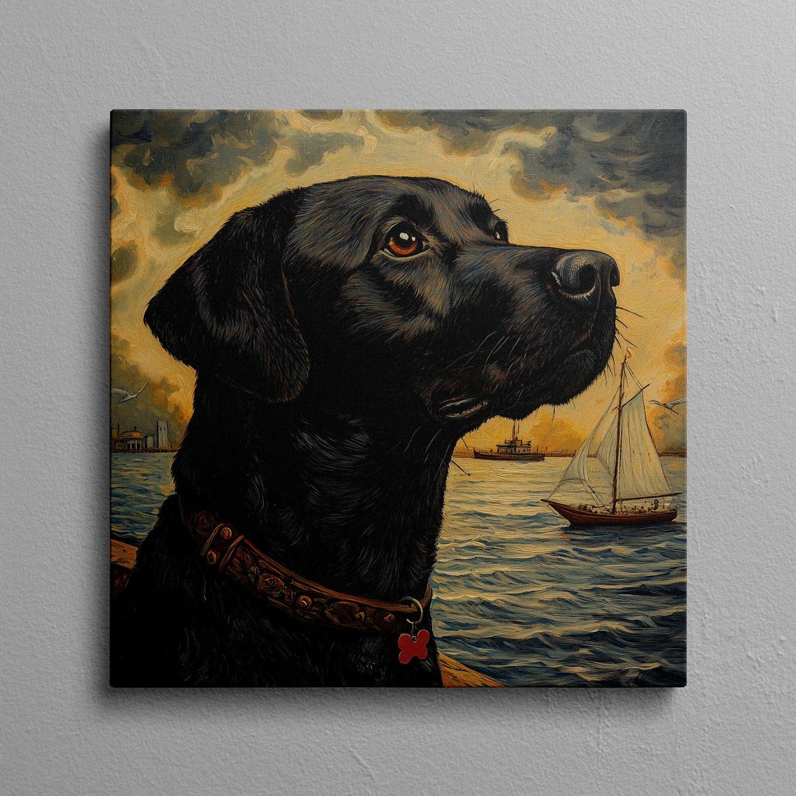 Black Labrador On A Boat At Sunset Watching A Sailboat Poster