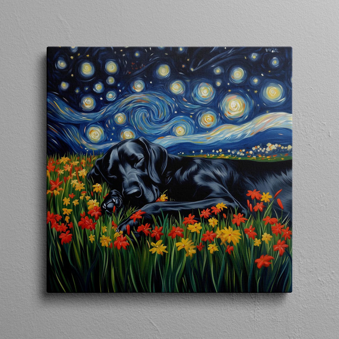 Great Dane Starry Night Dog Sleeping in a Flower Field Wall Art