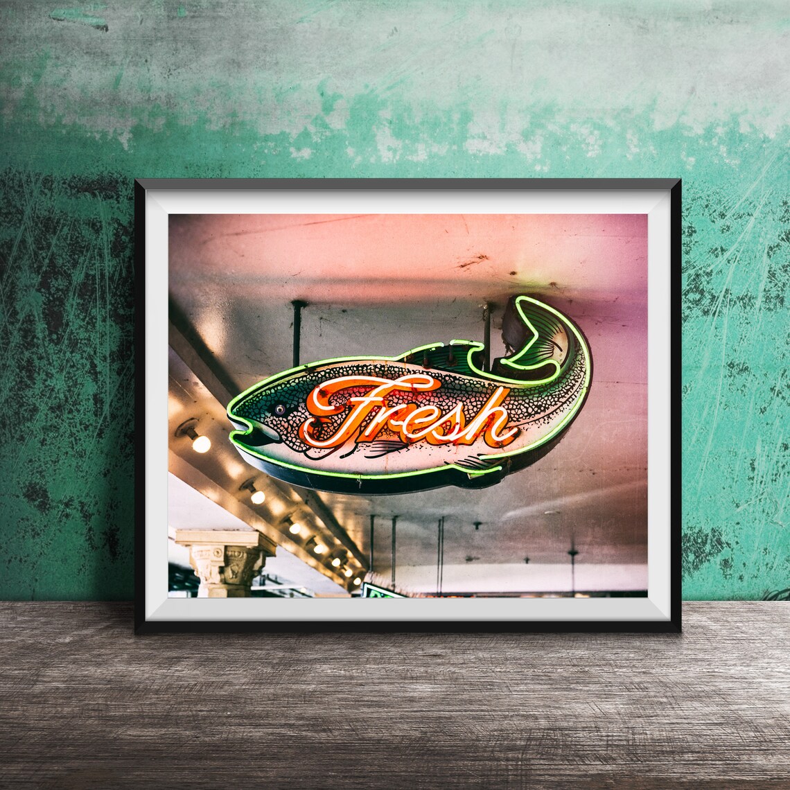 Colorful Fresh Fish Neon Sign Seafood Market Photography Poster
