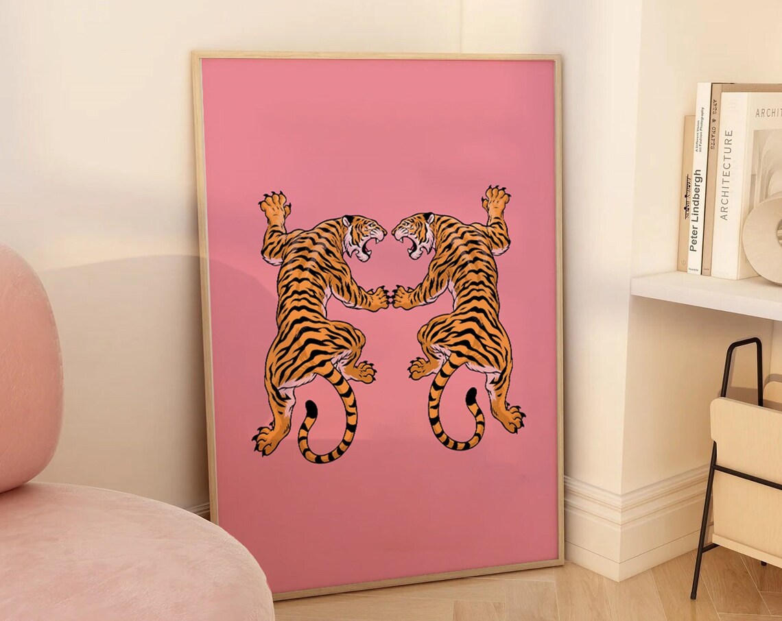 Twin Mirrored Tigers Playful Pink Background Bold Animal Art Poster - Image 4