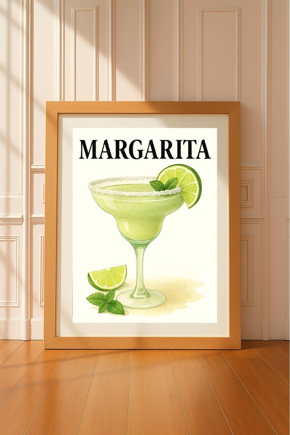 Margarita Cocktail Watercolor Lime Mint Glass Illustration Poster