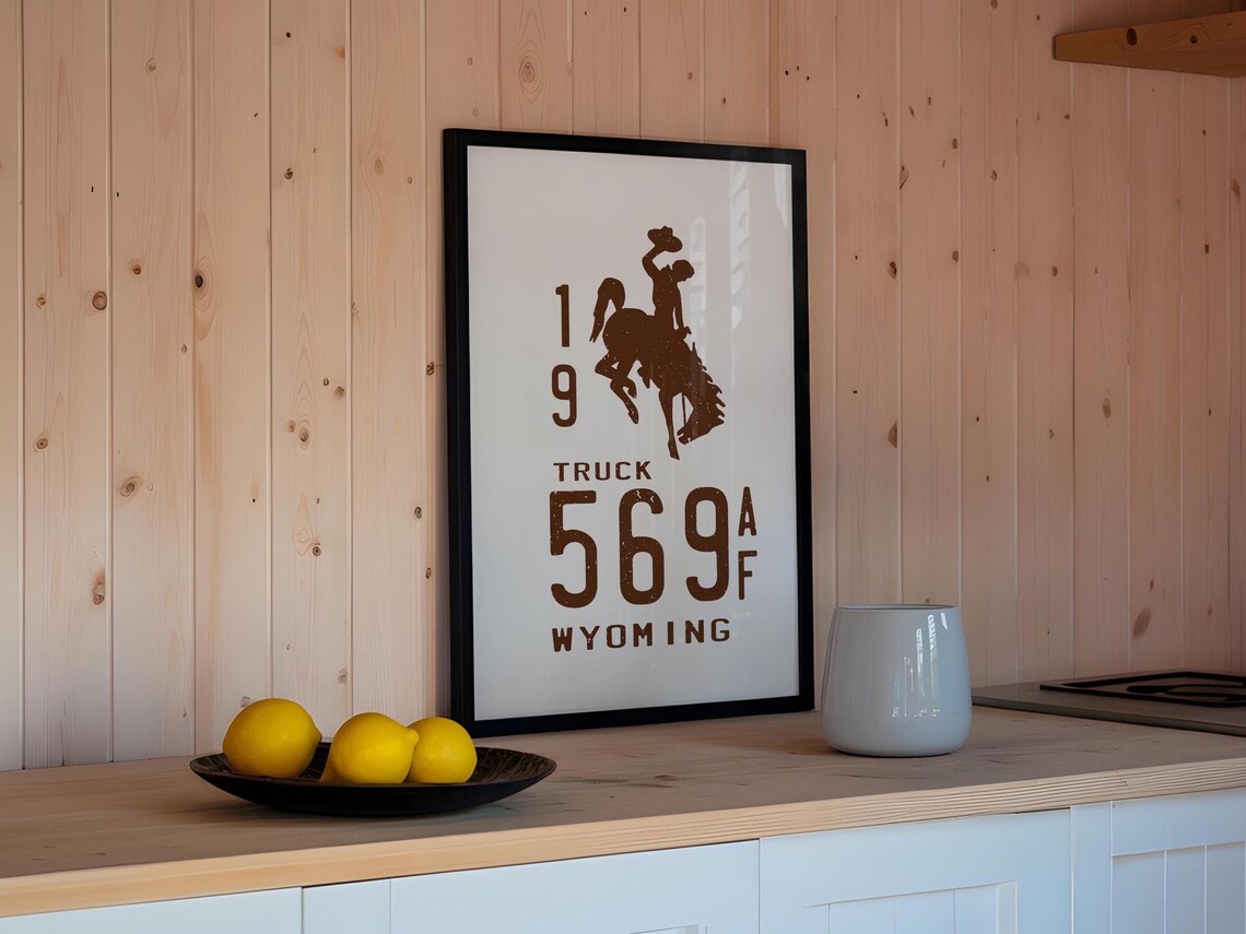 Wyoming 19 Truck License Plate Cowboy Horse Vintage Art Poster
