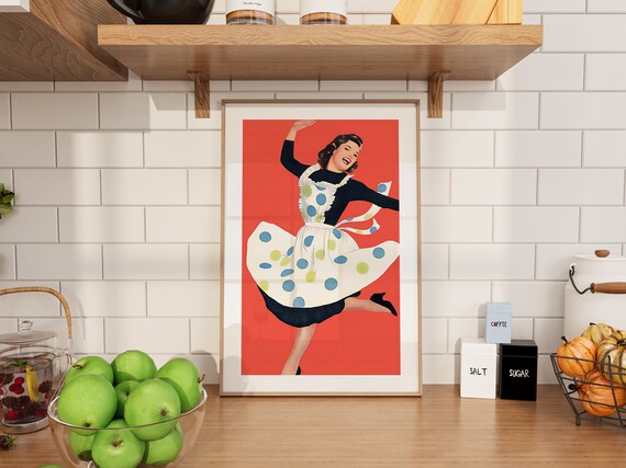 Retro Dancing Kitchen Poster Vintage Polka Dot Apron Orange 50s Style Art