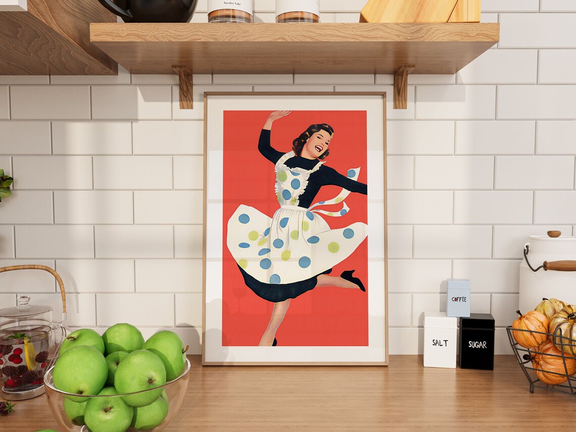 Retro Dancing Kitchen Poster Vintage Polka Dot Apron Orange 50s Style Art