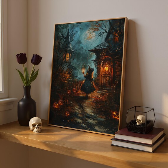 Enchanted Halloween Witch Walking To Haunted House Art Print Mystical Moonlit Night Wall Decor Spooky Autumn Fantasy Artwork