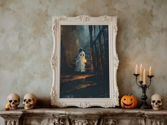 Cute With Cat And Candle Art Print Whimsical Haunted House Halloween Wall Decor Cozy Spooky Artwork Png