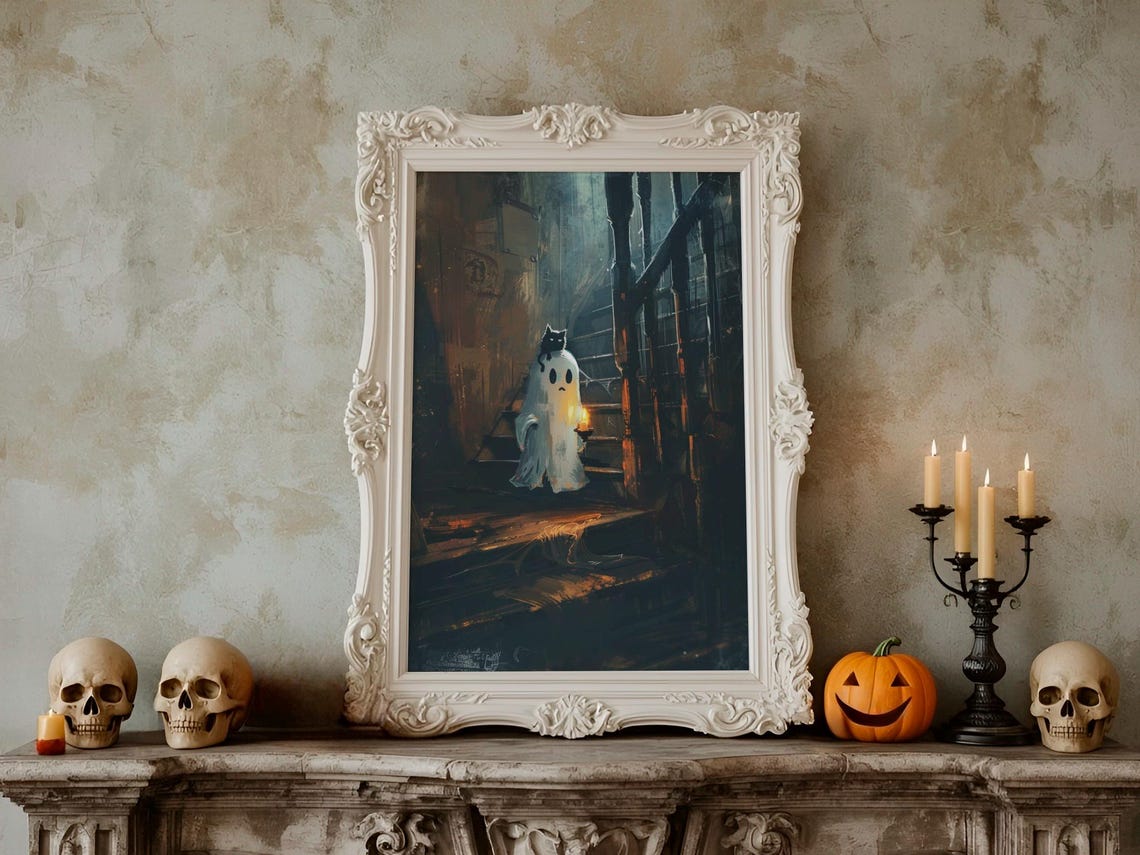 Cute Ghost With Black Cat Haunted Staircase Halloween Poster