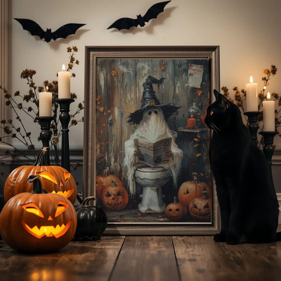 Funny Halloween Wall Art Whimsical Bathroom Decor Humorous Spooky Pumpkin Gift
