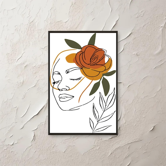 Modern Minimalist Woman Face Line Art Orange Rose Botanical Poster