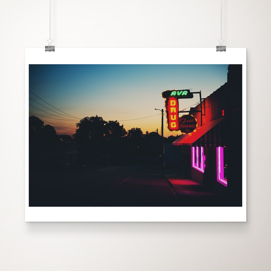 AVA Drug Neon Sign Glowing at Dusk Small Town America Photo Print