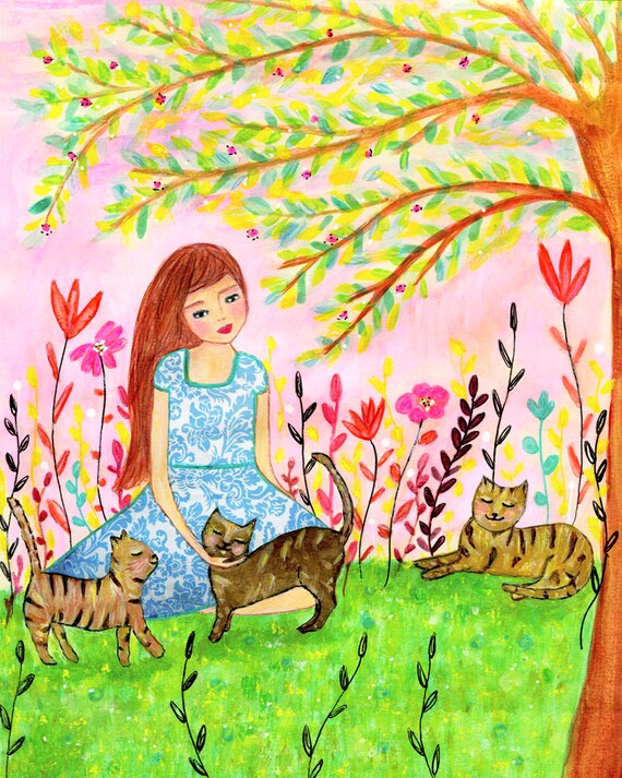 Girl with Three Tabby Cats Under Blooming Tree Garden Art Wall Poster