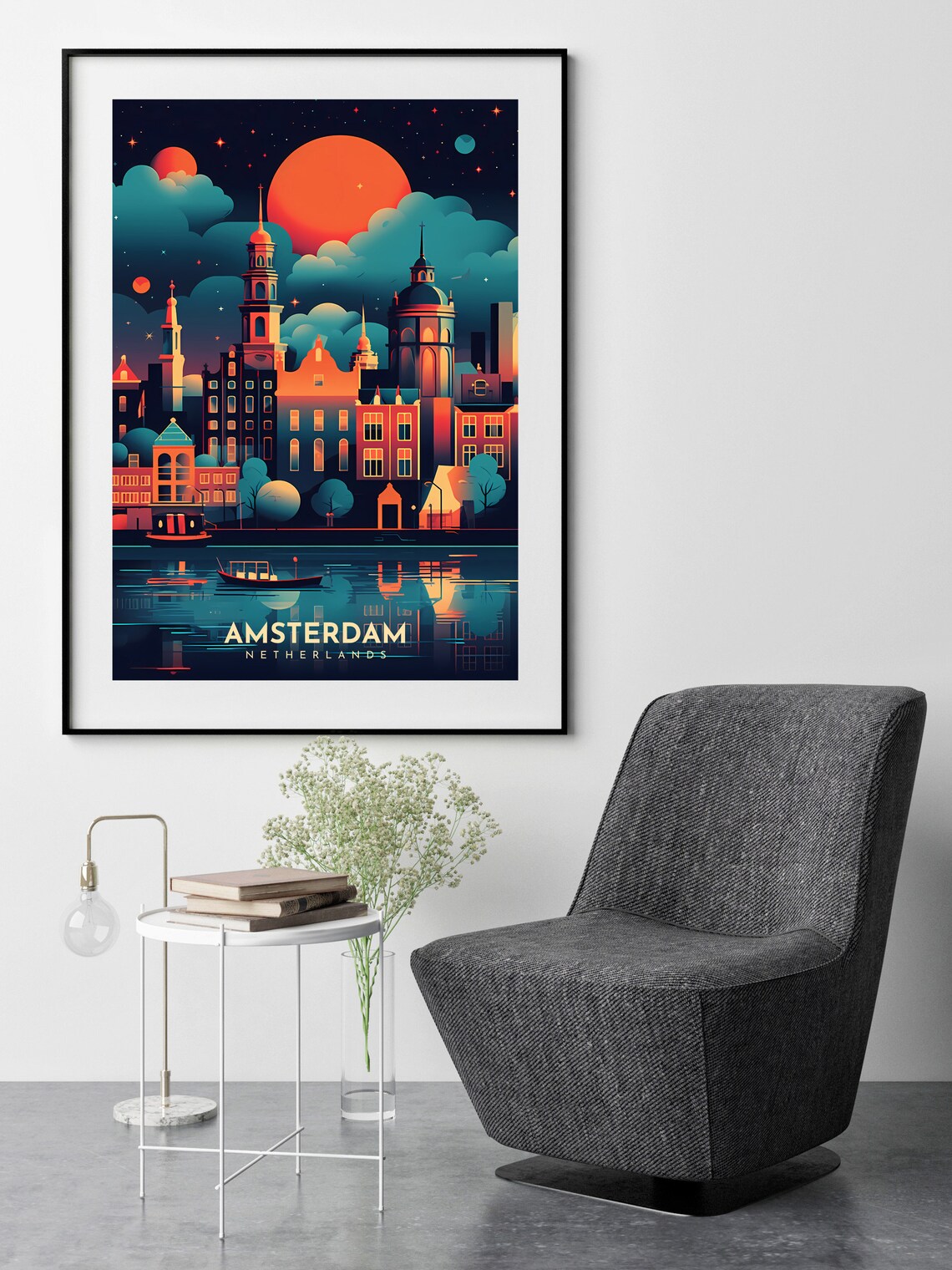 Amsterdam Netherlands Night Canal Houses Orange Moon Travel Poster - Image 2