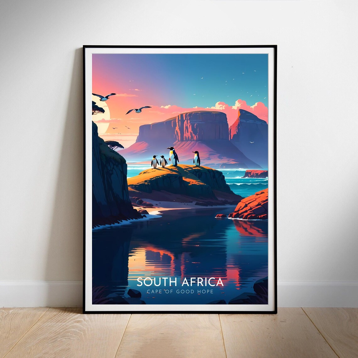 South Africa Cape of Good Hope Penguins Sunset Travel Poster