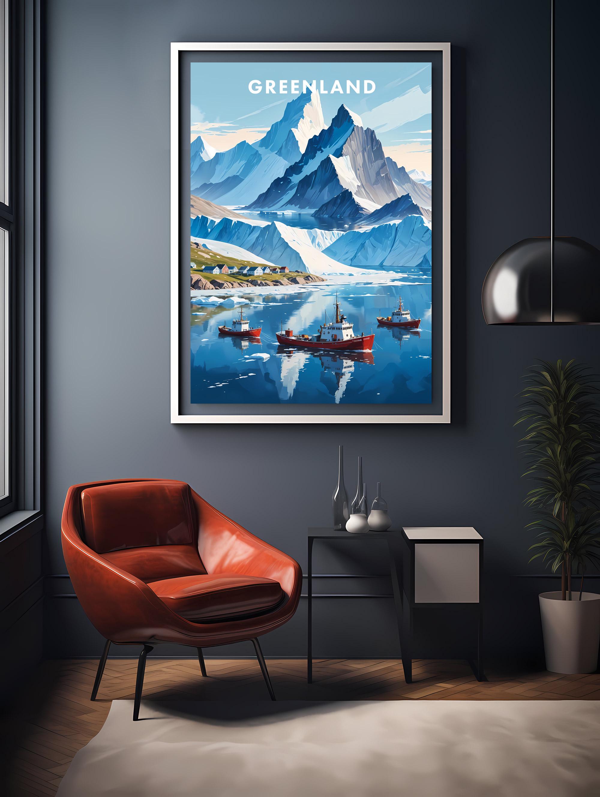 Glacier Greenland Arctic Fjord Icebergs Red Boats Travel Poster - Image 2