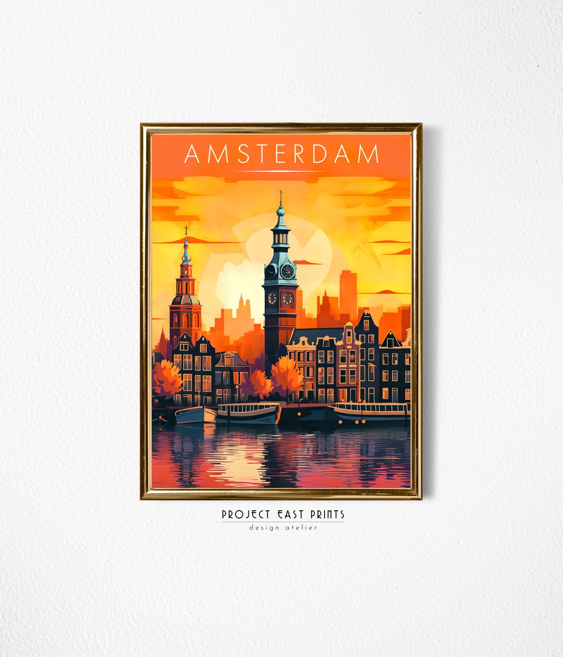 Amsterdam Canal Sunset Retro Travel Poster Clock Tower Skyline - Image 2
