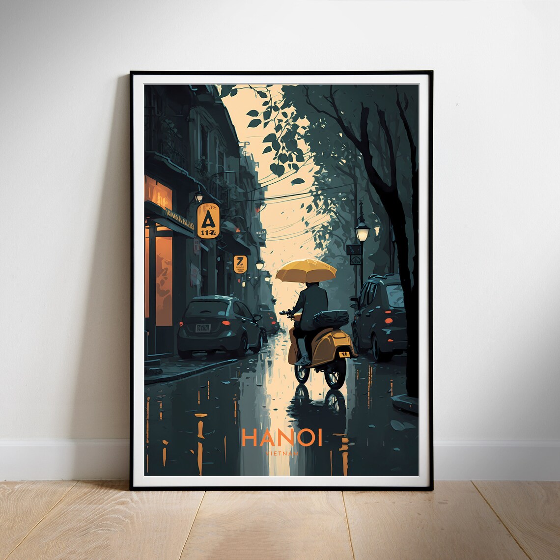 Hanoi Rainy Night Scooter Street Old Quarter Moody Travel Poster