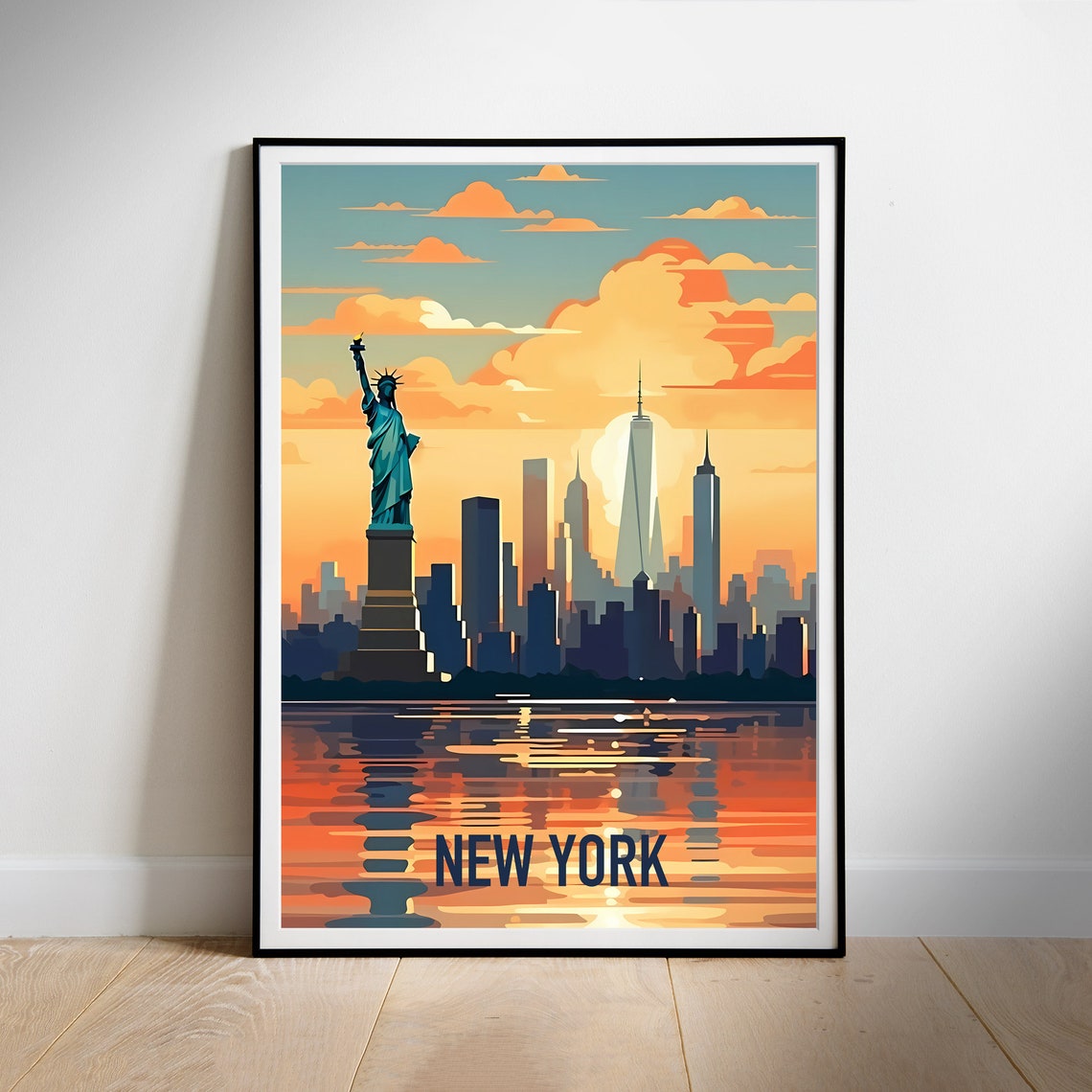 New York Statue of Liberty Sunset Skyline Harbor Travel Poster