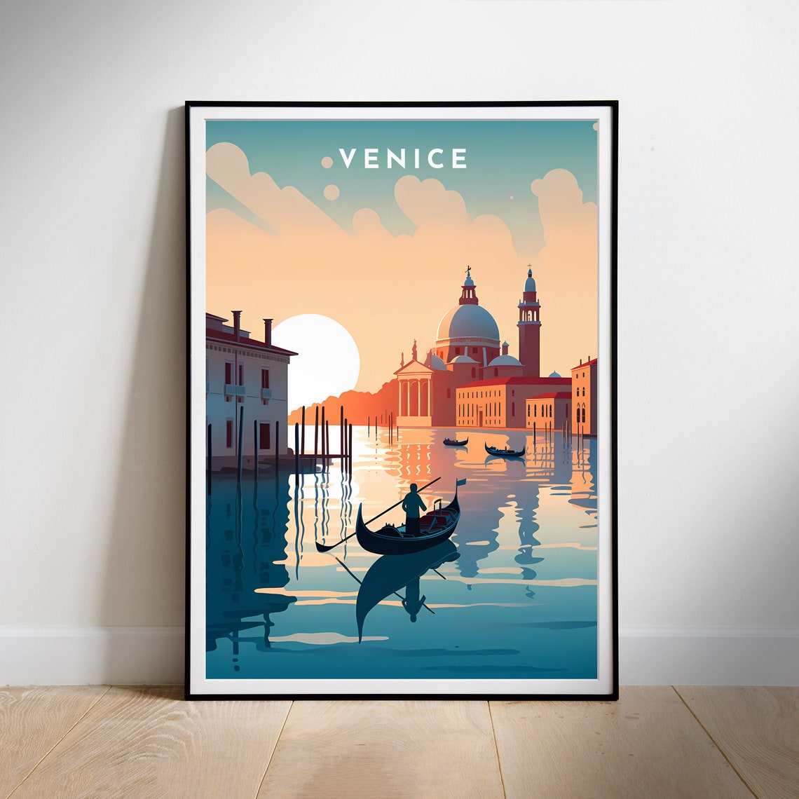 Venice Sunset Gondola Lagoon Basilica Reflection Travel Poster