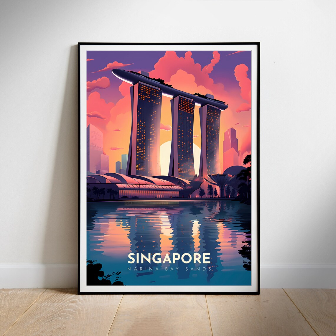 Singapore Marina Bay Sands Glowing Sunset Skyline Travel Poster