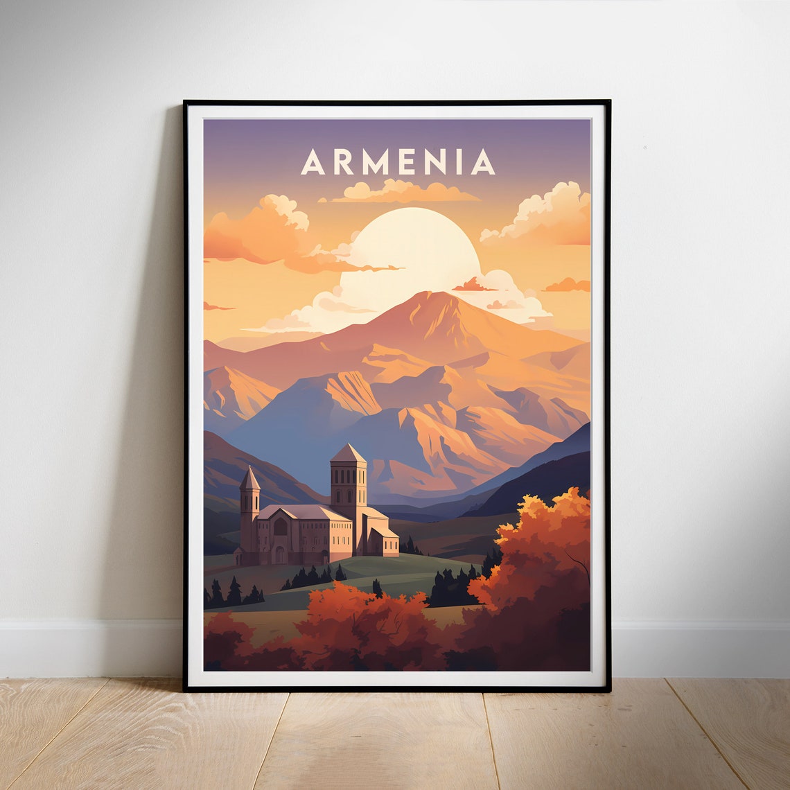 Armenia Mount Ararat Monastery Valley Sunset Retro Travel Poster