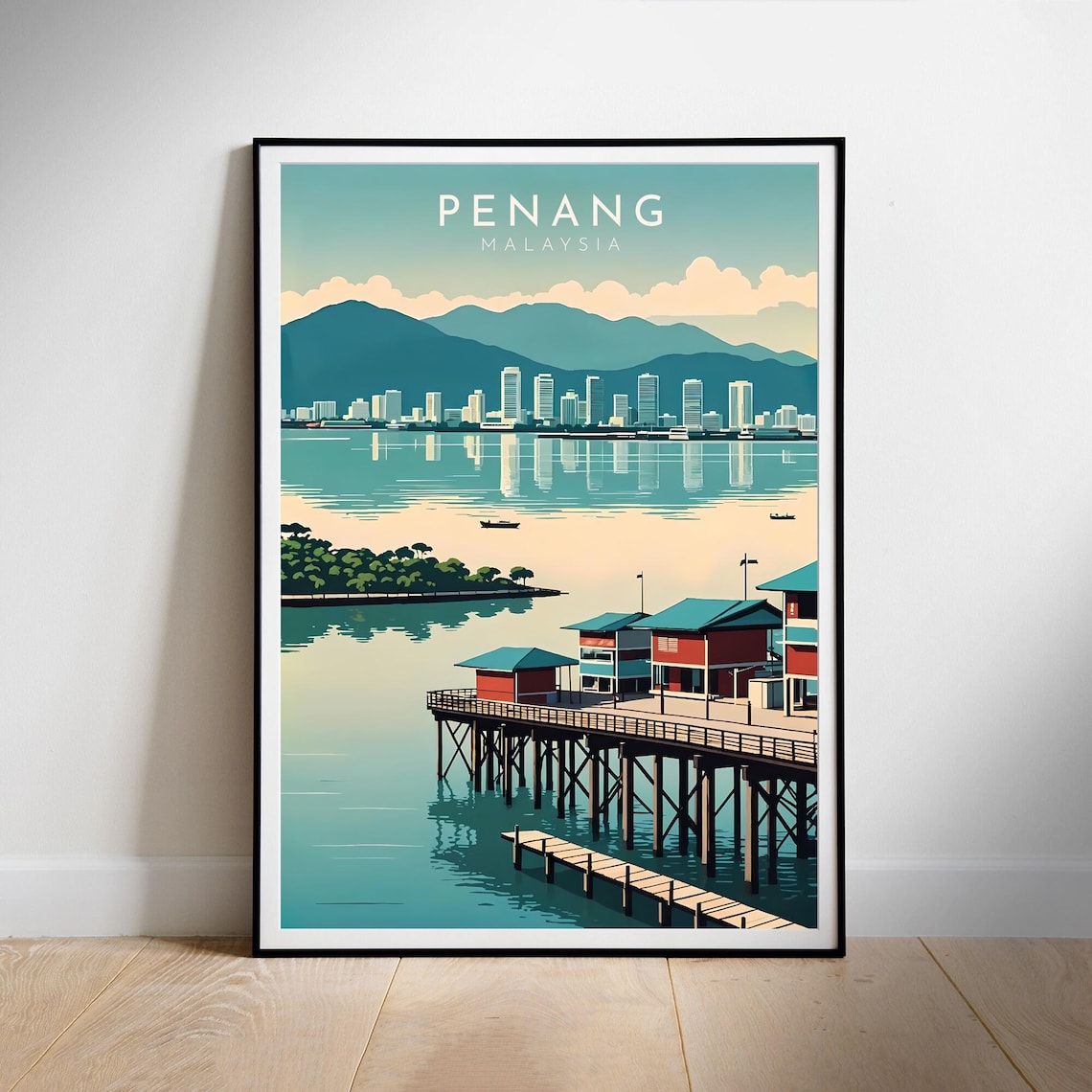 Penang Malaysia Stilt Houses Harbor Retro City Skyline Poster