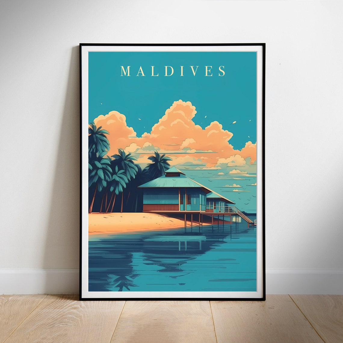 Maldives Overwater Bungalow Retro Beach Sunset Travel Poster