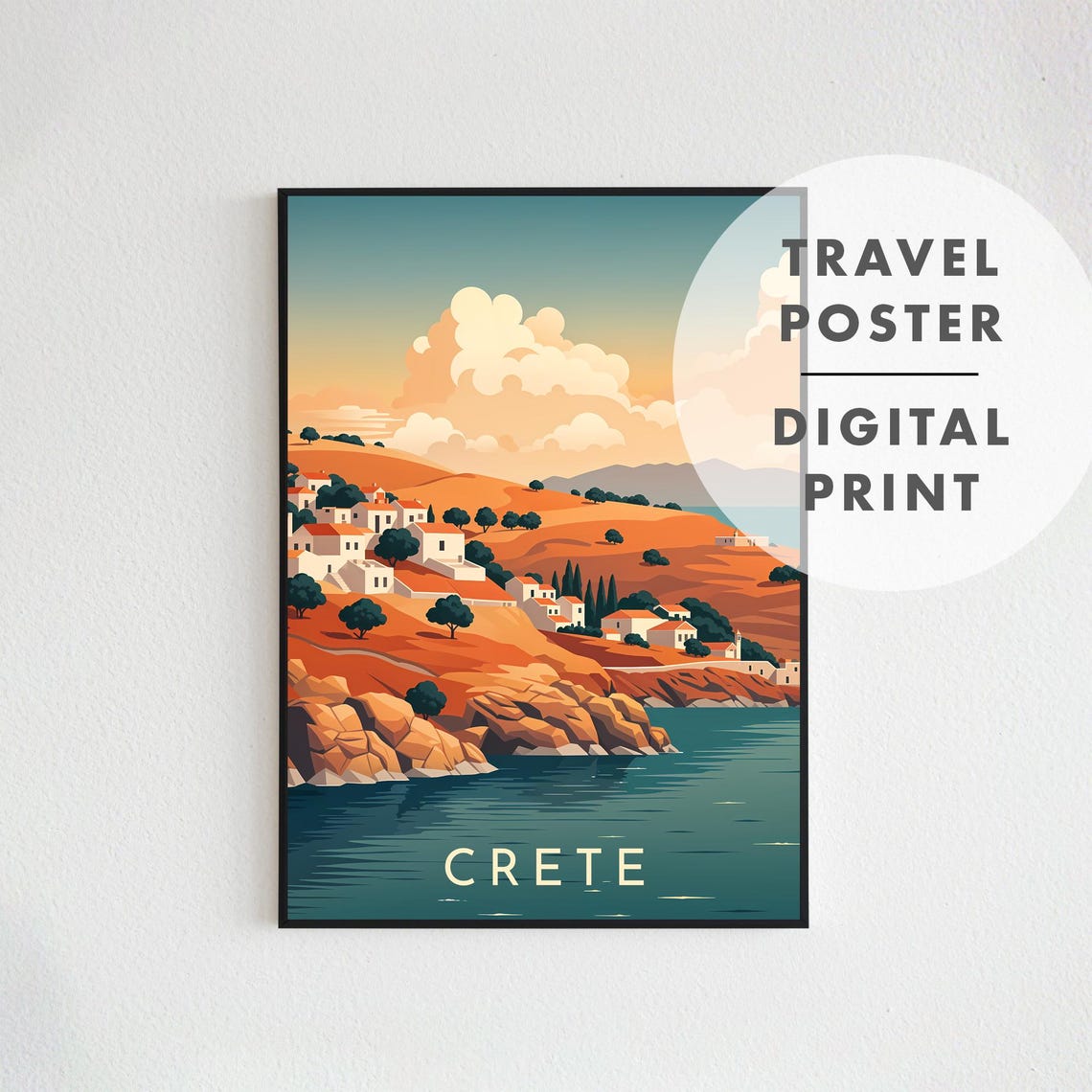 Crete Hillside Village Coast Retro Greece Island Travel Poster - Image 2
