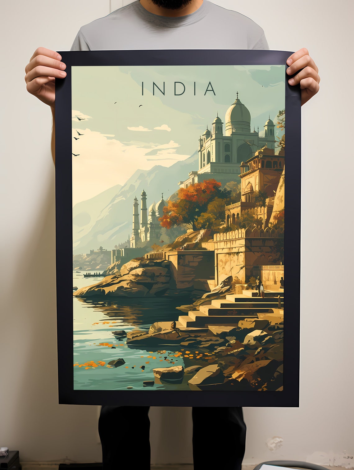 India Riverside Royal Palace at Golden Dawn Retro Travel Poster