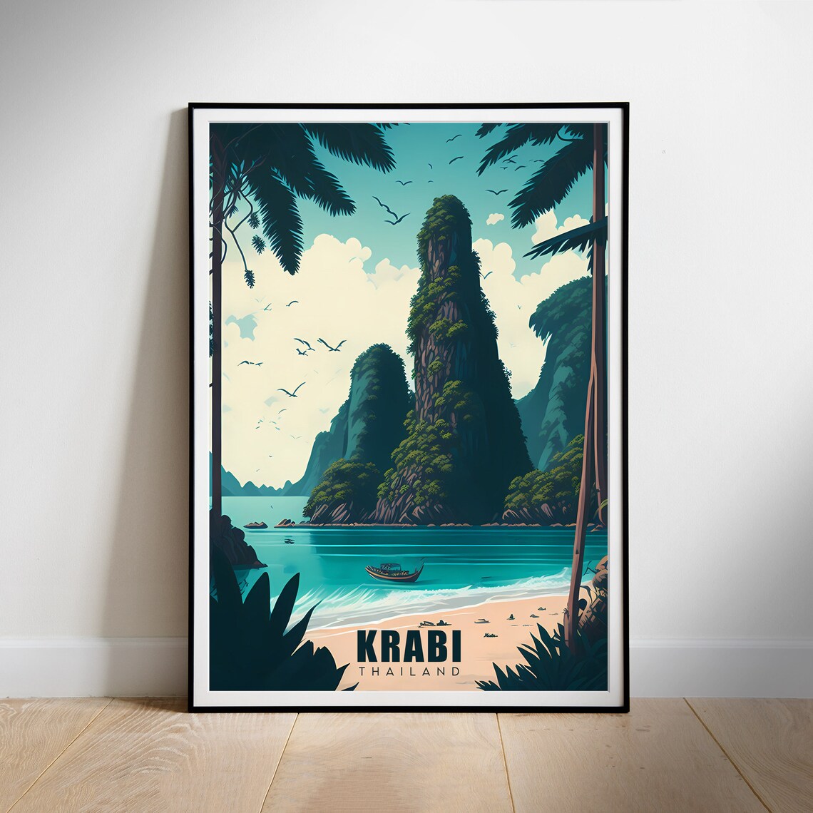 Krabi Thailand Limestone Karsts Longtail Boat Beach Travel Poster