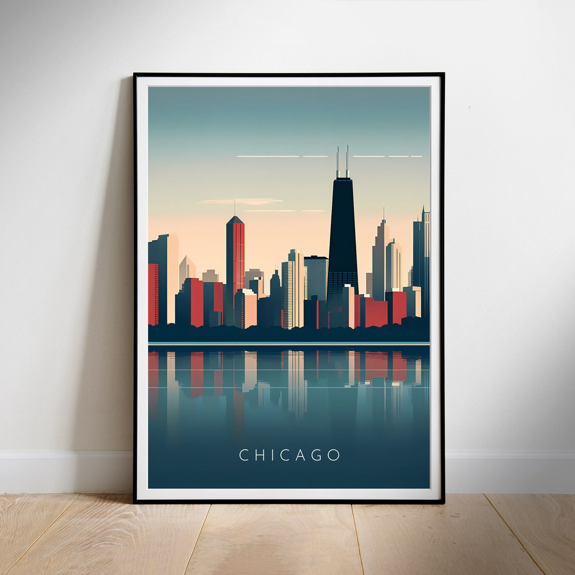 Chicago Skyline at Dusk Lake Michigan Reflection Travel Poster