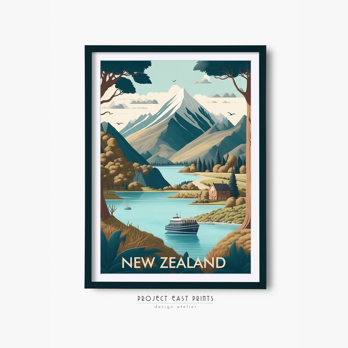 New Zealand Lake Steamer Fjord Retro Travel Poster Mountain View