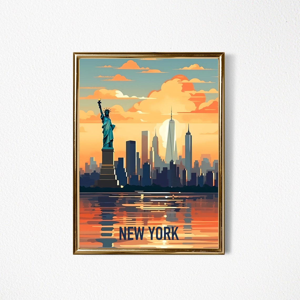 New York Statue of Liberty Sunset Skyline Harbor Travel Poster - Image 2