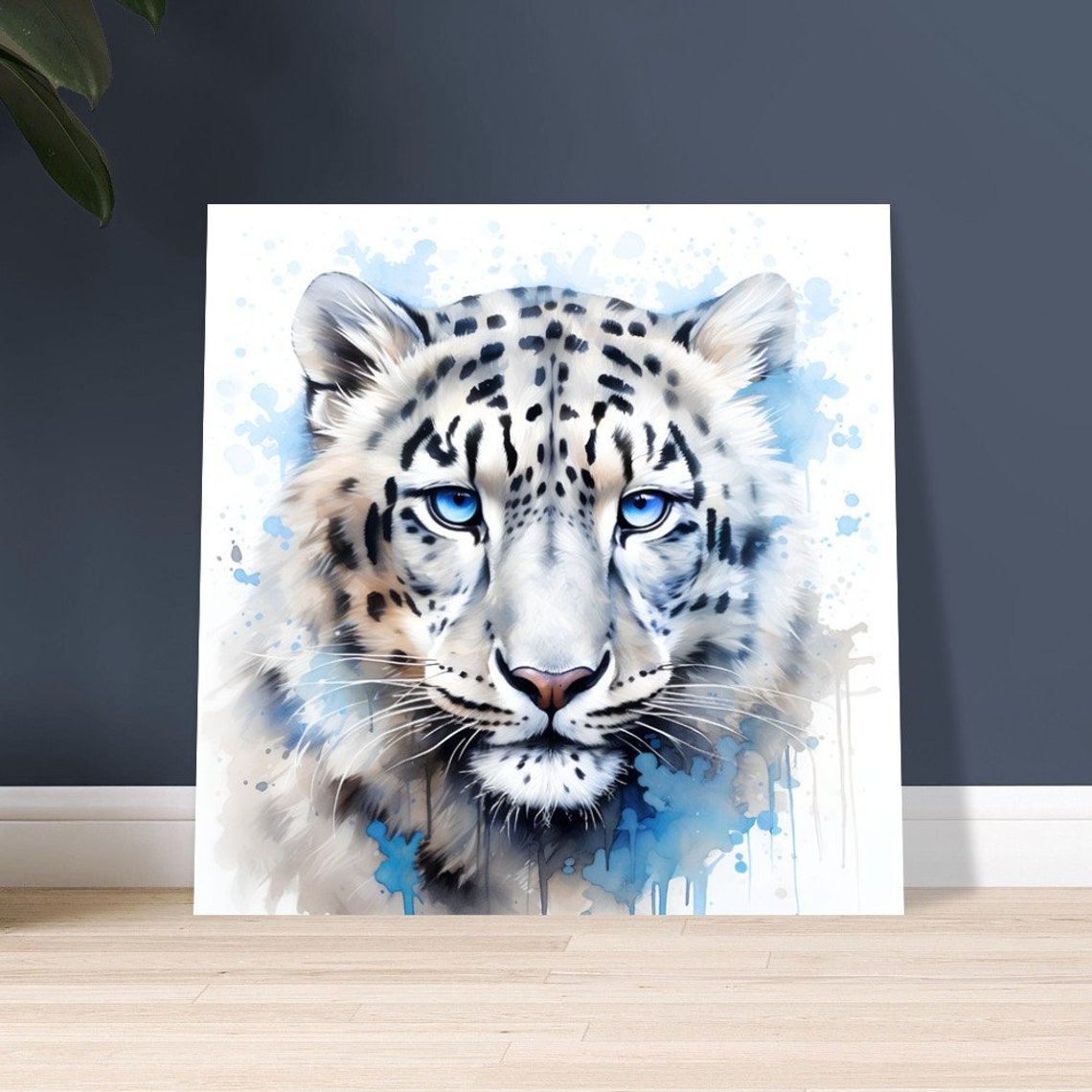 Snow Leopard Portrait With Striking Blue Eyes Watercolour Poster - Image 4