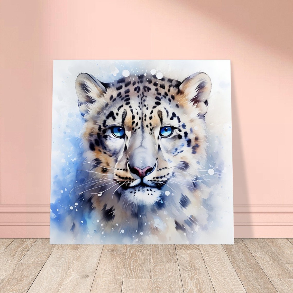 Snow Leopard Cub With Big Blue Eyes Close Up Watercolour Poster - Image 3