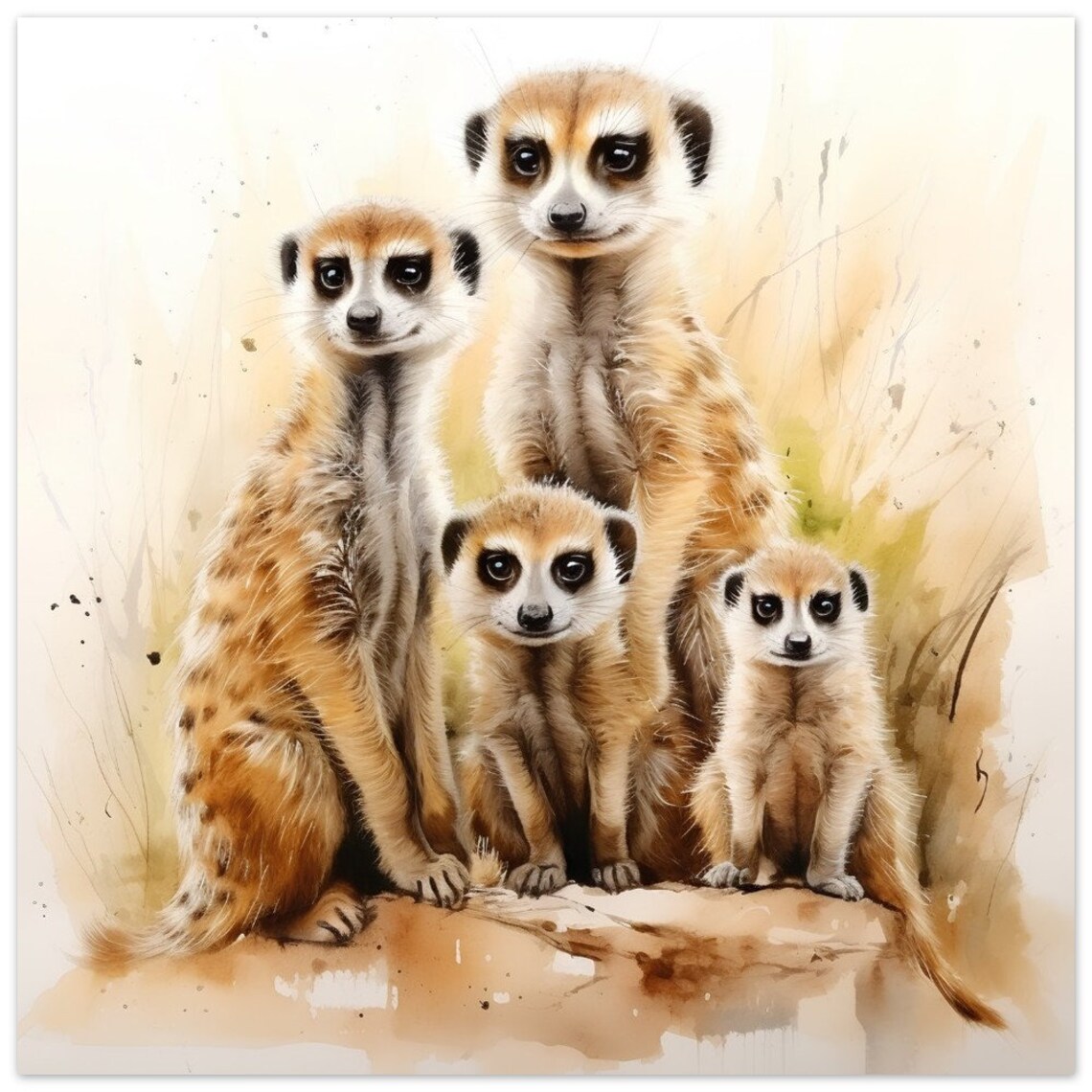 Meerkat Family Watercolour Painting Cute Group Portrait Art Poster