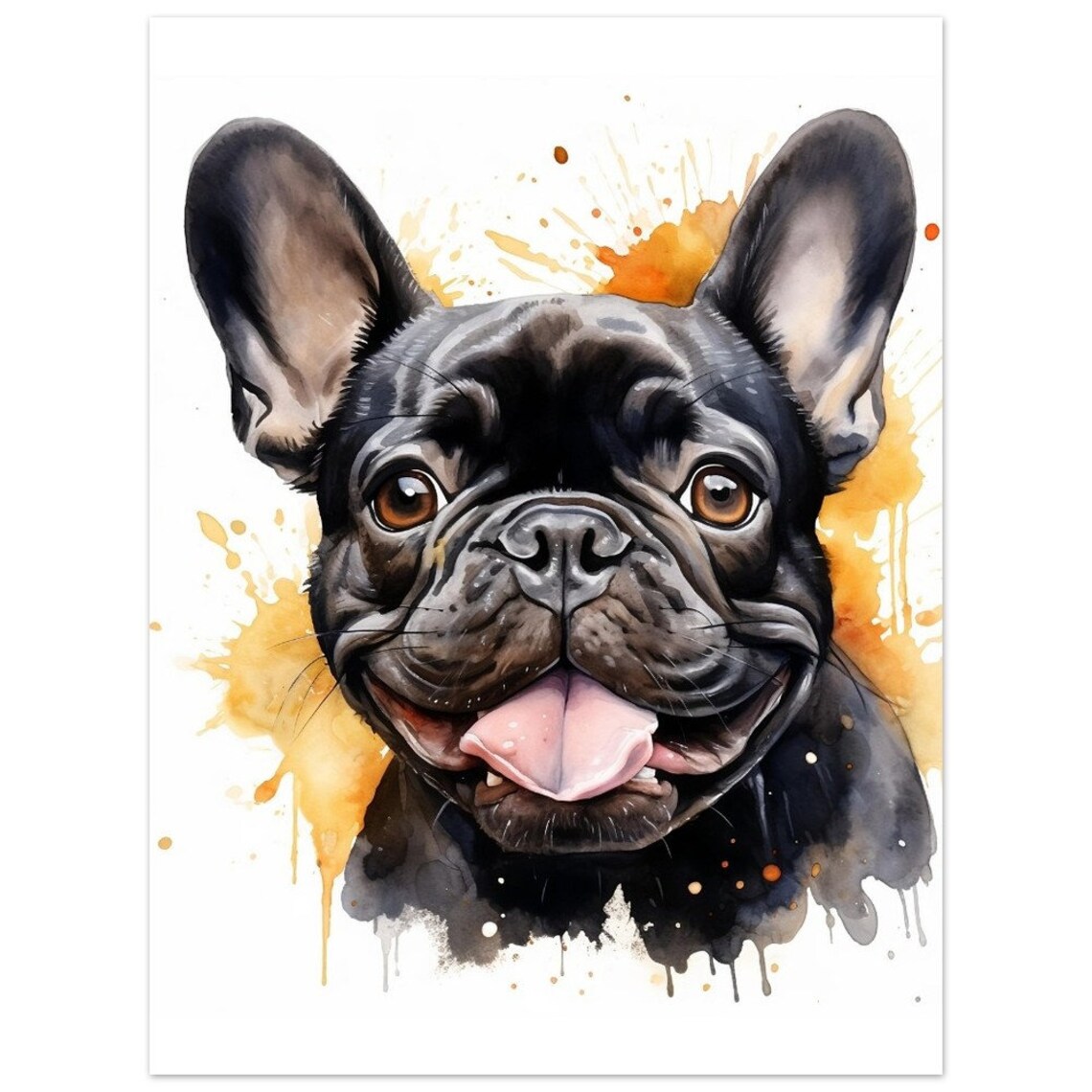 Joyful Black French Bulldog Grin Watercolour Cute Dog Portrait Poster