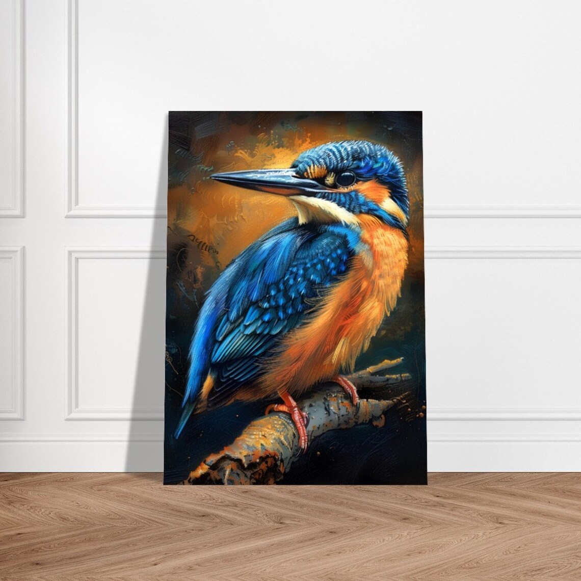 Jewel Like Kingfisher on Branch Moody Watercolour Bird Art Poster - Image 4