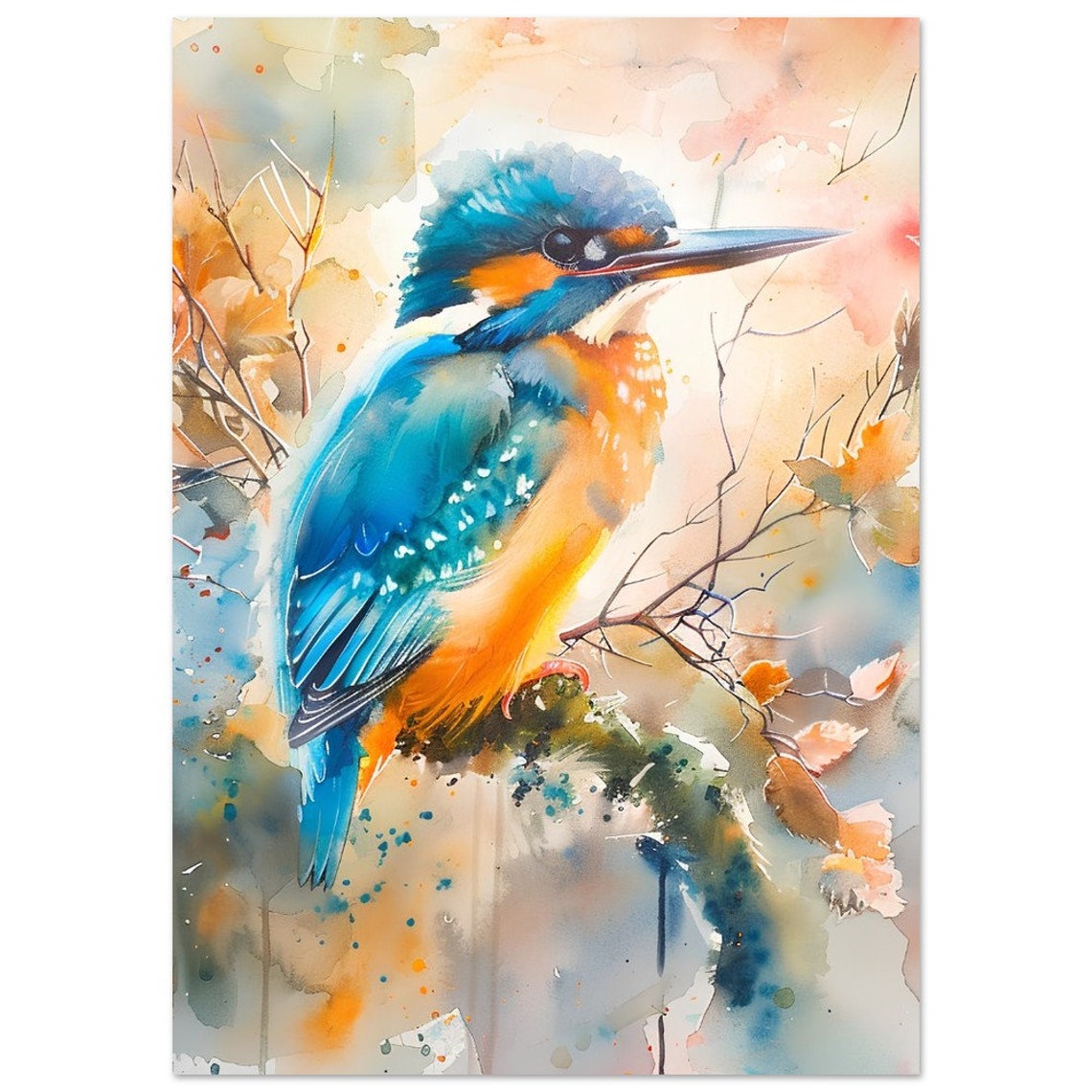 Colourful Kingfisher Autumn Branch Watercolour Warm Bird Art Poster - Image 4