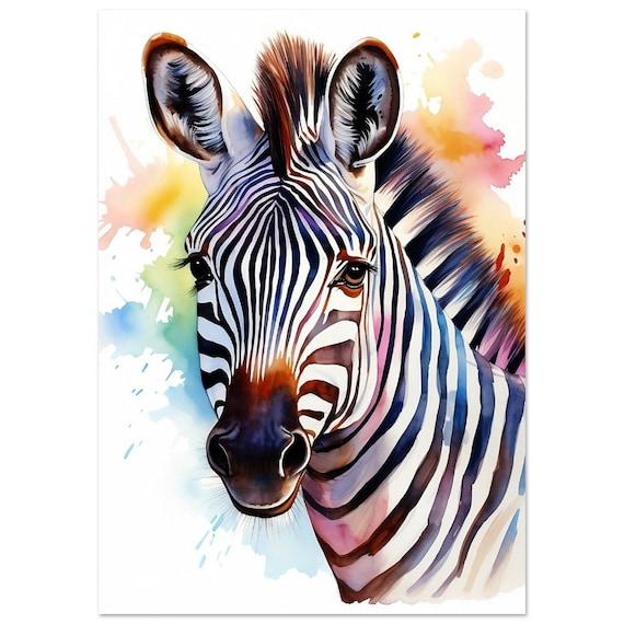 Zebra Portrait Watercolour Painting Colourful Splash Safari Art Poster