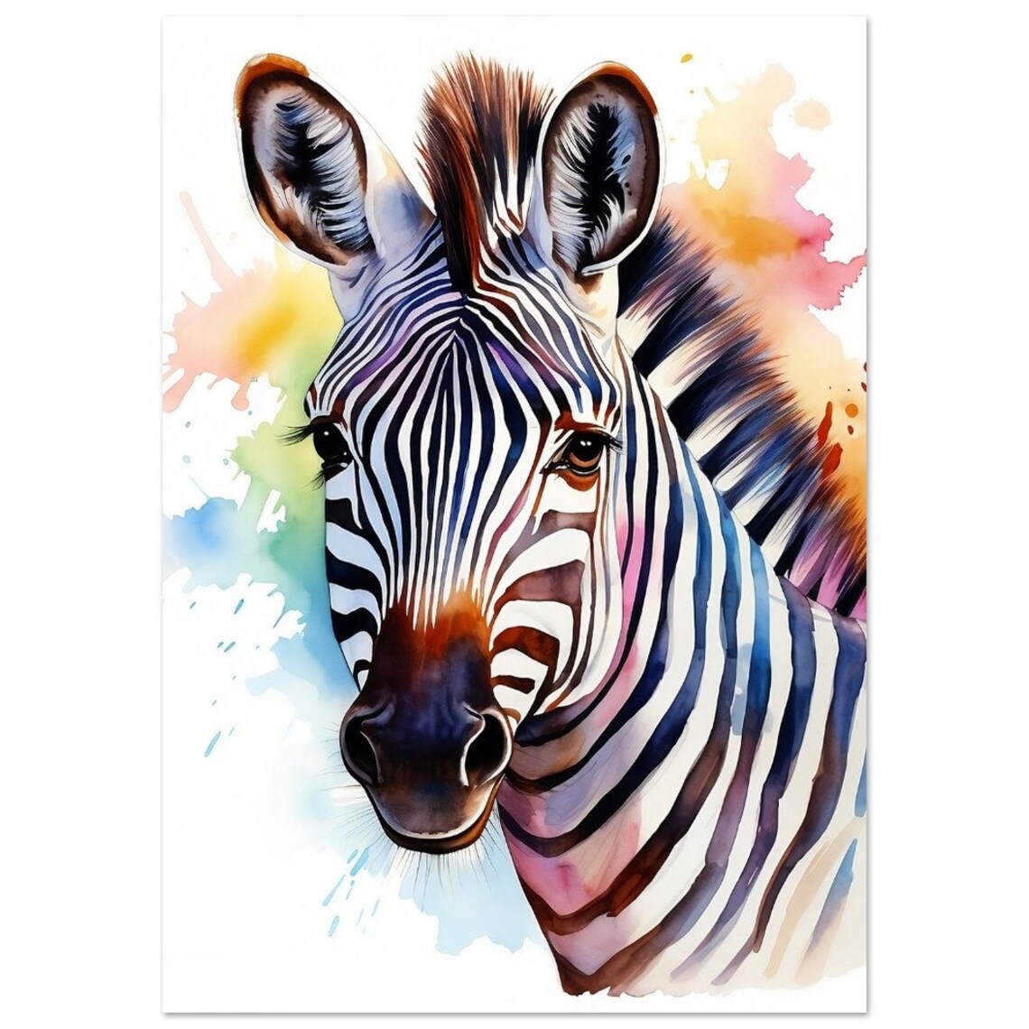 Zebra Portrait Watercolour Painting Colourful Splash Safari Art Poster
