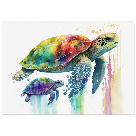 Turtle With Baby Watercolour Painting Print Poster Wall Art Dcor