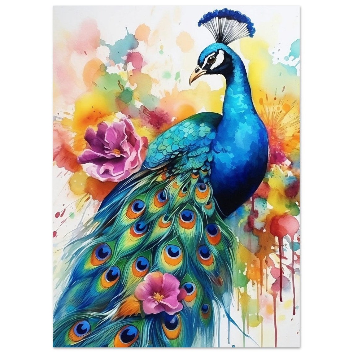 Colourful Peacock Tail Feathers Watercolour Bird Portrait Poster