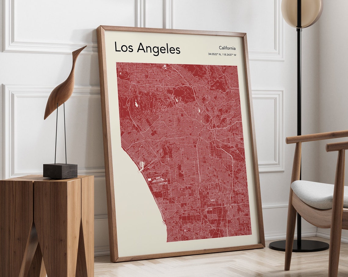 Los Angeles California Deep Red City Map Poster Decor Wall Decor