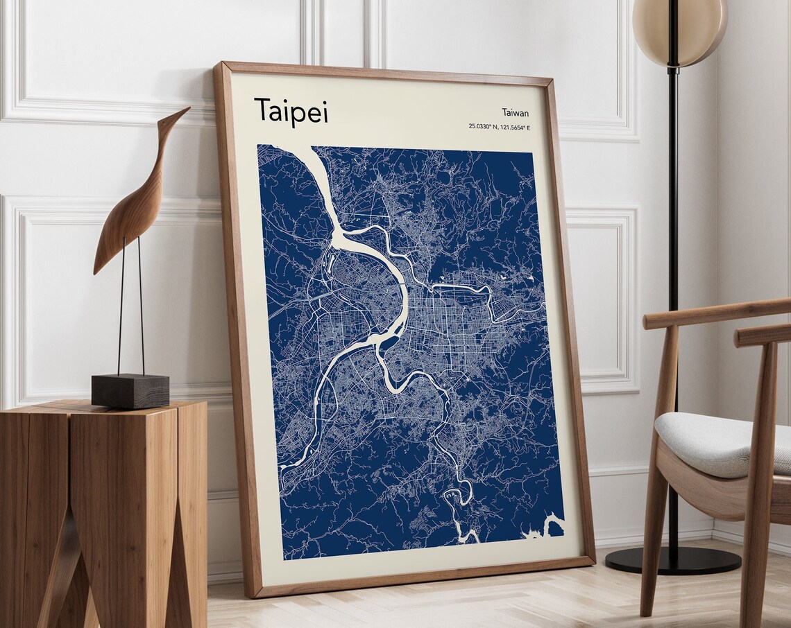 Taipei Taiwan Navy City Map Minimalist Travel Cartography Poster