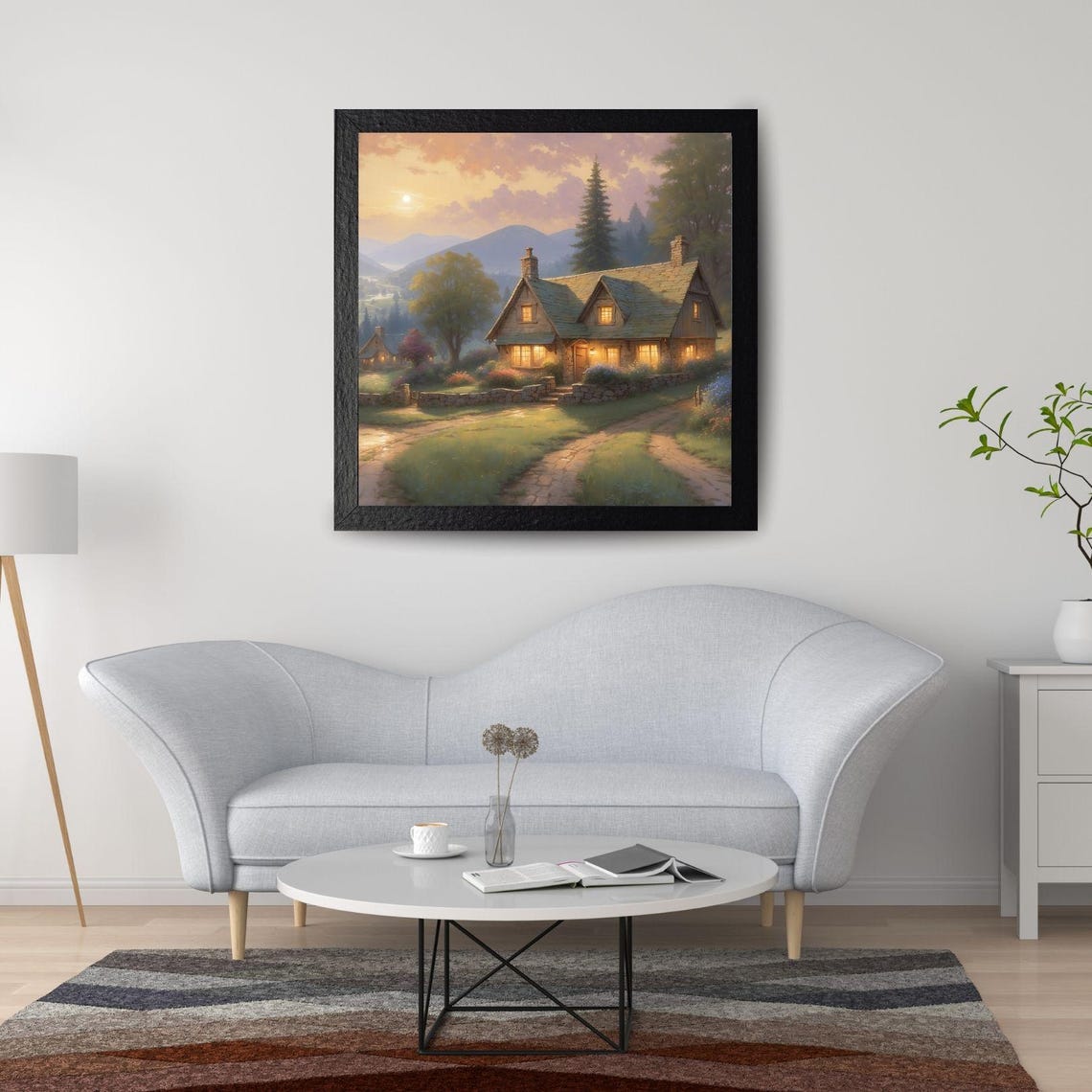 Cozy Cottage Valley at Dusk Winding Road Landscape Art Poster - Image 2