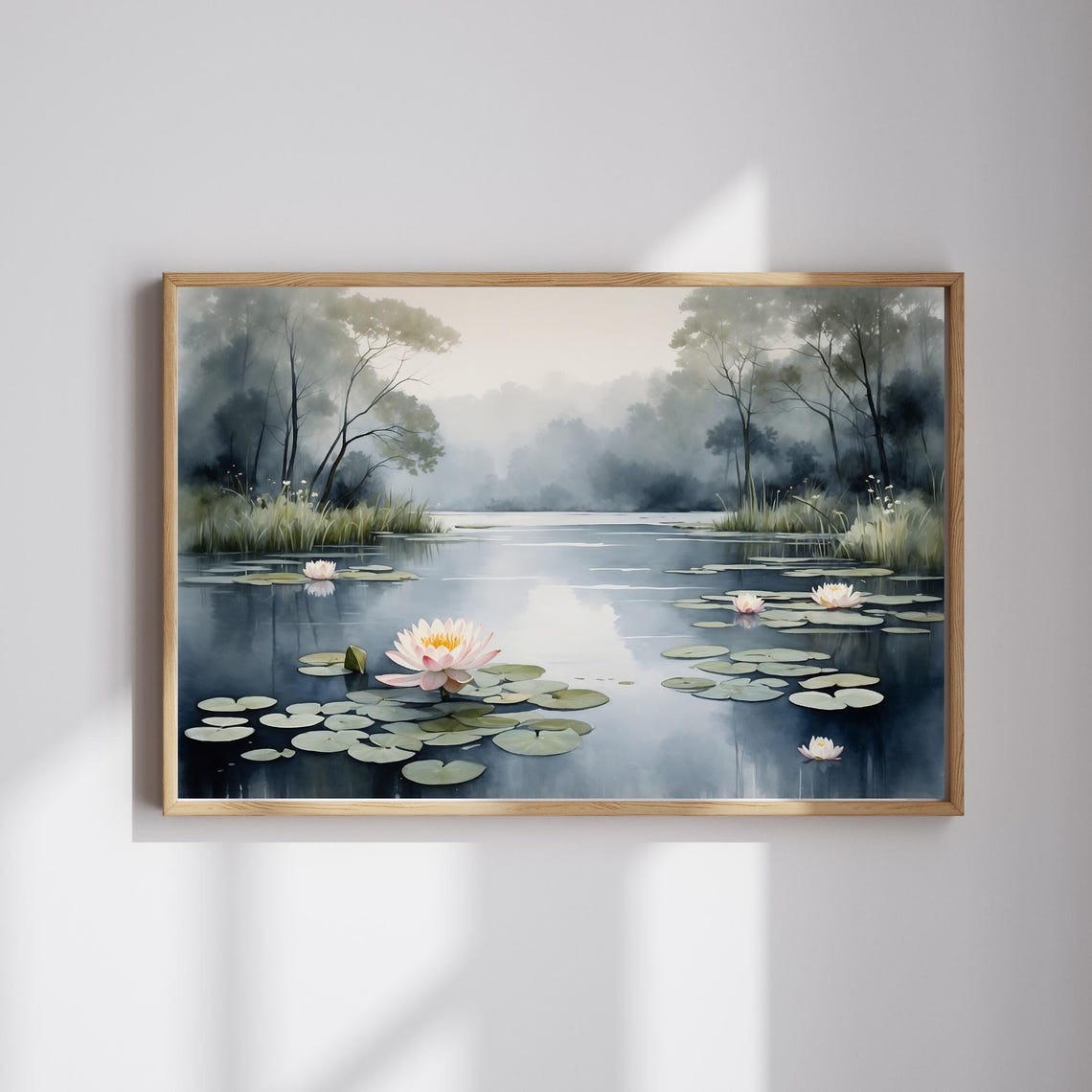 Misty Lake Water Lilies Tranquil Morning Watercolor Wall Art
