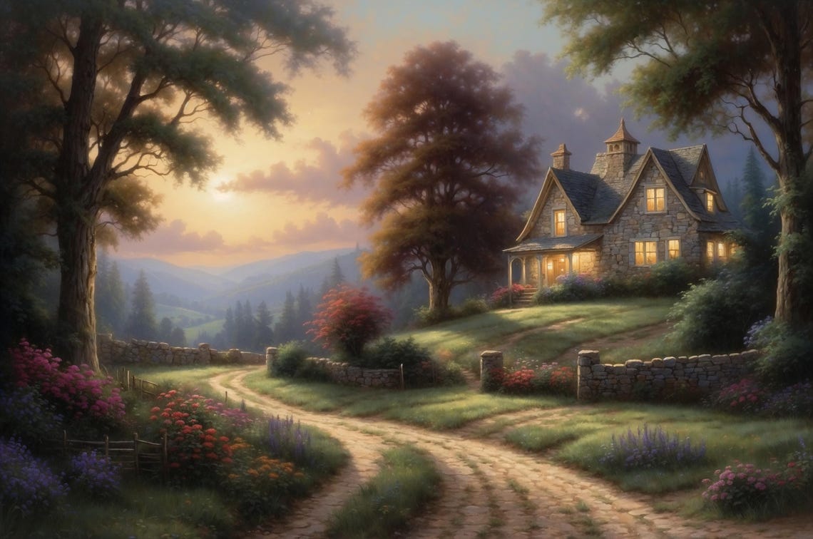 Stone Cottage at Sunset with Glowing Windows Country Art Poster - Image 2